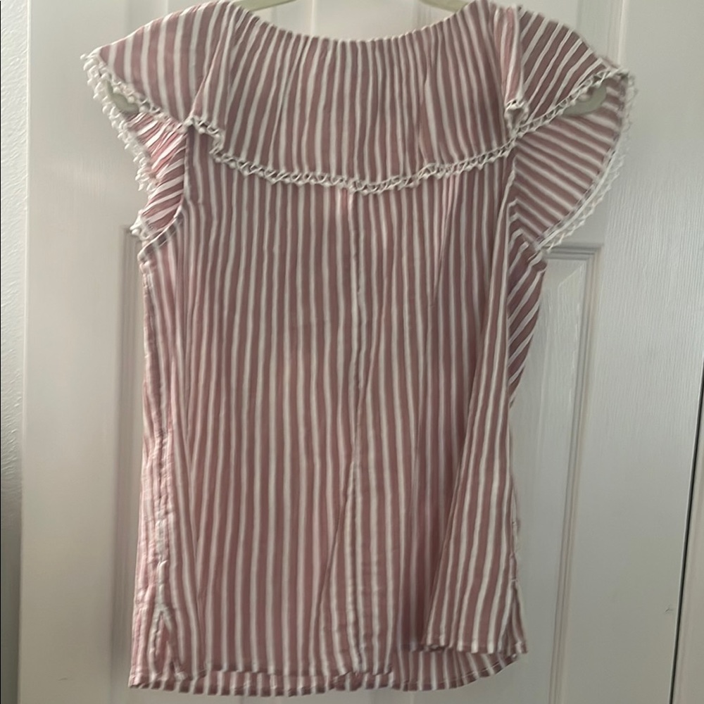 Loft Red Flutter Sleeve Blouse with Ruffled Bib Collar - Picture 3 of 5